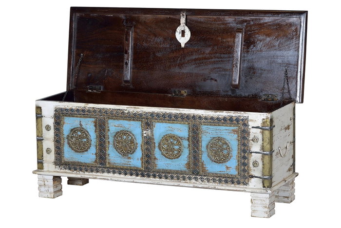 GINER Y COLOMER Buffet en bois de manguier blanc vieilli et cerisier avec détails bleus et bronze - 116 x 40 x 45 cm, grande capacité